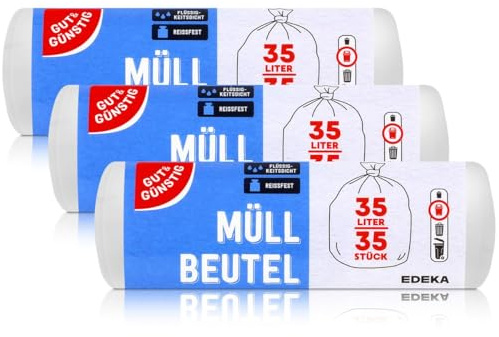 Gut & Günstig Müllbeutel 35L (35 Stück) - 3er Pack - ReiÃŸfest & Flüssigkeitsdicht - (3 x 35 Stück)