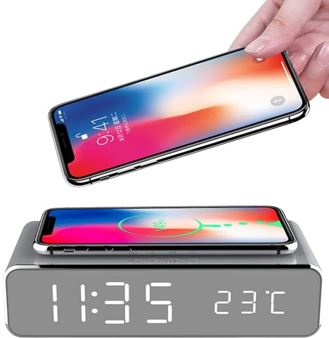 Xuan Wei Wireless Charging Alarm Clock, LED Electric Alarm Clock with Phone Charger Wireless Desktop Digital Thermometer Clock Clock Mirror with Time Memory