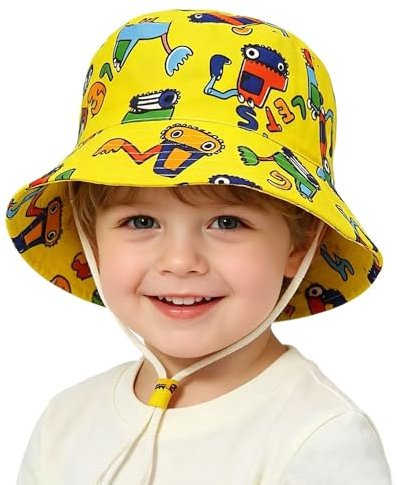 FUYAO Baby solhatt barn småbarn pojkar strand solskydd hatt sommar lekhattar justerbar hakrem hinkhatt, Gul grävmaskin, 6-12 Månader
