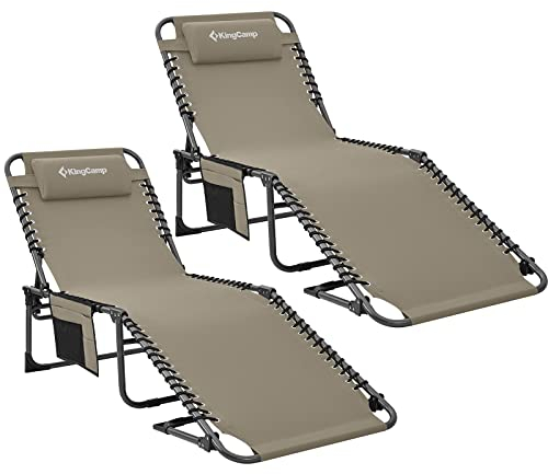 KingCamp Campingliege Sonnenliege Gartenliege Camping-Klappbett mit verstellbarem Rückenteil und Kopfkissen für Garten Urlaub Outdoor 2 Set Beige