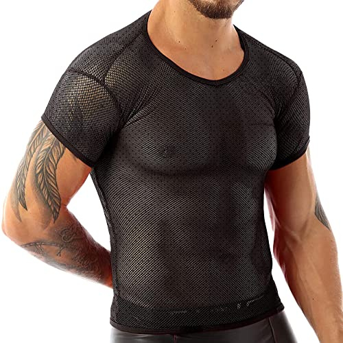 Hombres Ver a través de Manga Corta Malla Camisetas Rejilla Ajustada Camisas Muscle T-Shirts