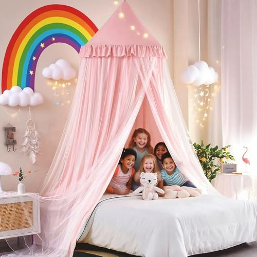 Kertnic 31.5inch Large Dome Bed Canopy for Girls, Double Layer Dreamy Ruffle Princess Canopy, Bedroom Hanging Tent Kids Reading Nook Canopies,Full Queen Bed Canopy Curtain (Beige Pink)