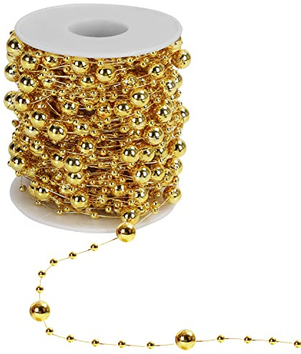 Belle Vous Guirlande de Perles de Noël Dorée - Ruban Perle de Noël Dorée de 20 m pour Décorations de Table et Sapin de Noël, Confection de Bijoux, Artisanat & Décors Festifs