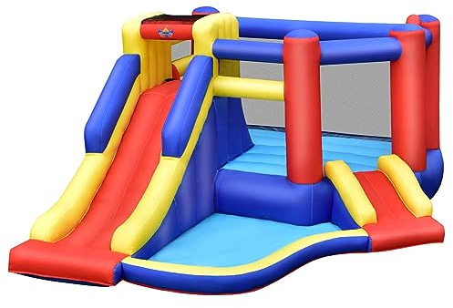 DREAMADE Aufblasbare Hüpfburg, Kinder-Hüpfburg mit Doppelrutsche, Kletterwand, Basketballkorb & Ballspielplatz, Spielburg mit Tragetasche & Reparaturset, Hüpfburg für 3- bis 10-Jährige Kinder