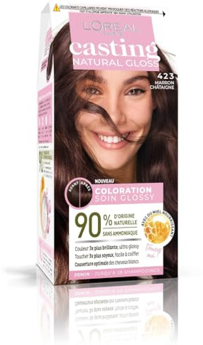 L'ORÉAL PARIS – permanent hårfärg – ultra-glänsande färg – utan ammoniak – 90 % naturliga ingredienser – gjutning naturlig glans – nyans: kastanjebrun (423)