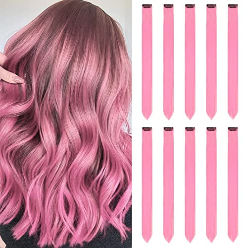 Rosa Haarverlängerungen Clip In für Mädchen 22 Zoll bunte gerade Haarverlängerungen für Party Highlights gefärbtes Haar Zubehör Haarteile für Kinder Frauen（10 PCS Rosa）