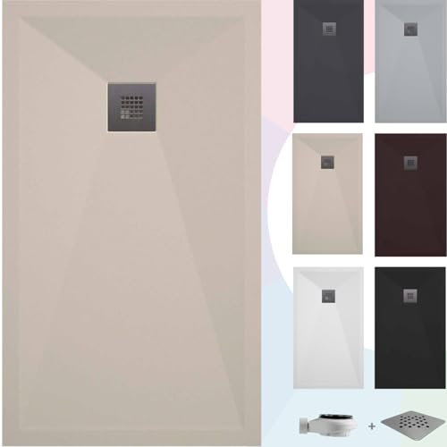 SOULBATH Plato de Ducha - Resina - Textura Pizarra - Antideslizante - Color Crema - 140x100- Extraplano - Gel-Coating® - Incluye Válvula desagüe+Rejilla