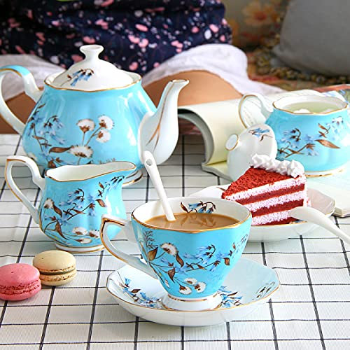 Set da 15 pezzi di stoviglie da tè in porcellana tazza da caffè e piattini set caffè blu vintage per 6, con zuccheriera e bricco per latte decorazione