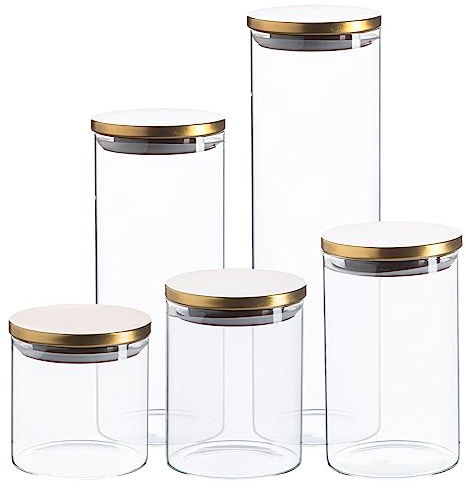 Argon Tableware Scandi Storage Jars Set with Metallic Gold Lids - 5pc - Modern Round Organisation Container Glass Jar for Kitchens, Pantry, Bathrooms, Utility Rooms