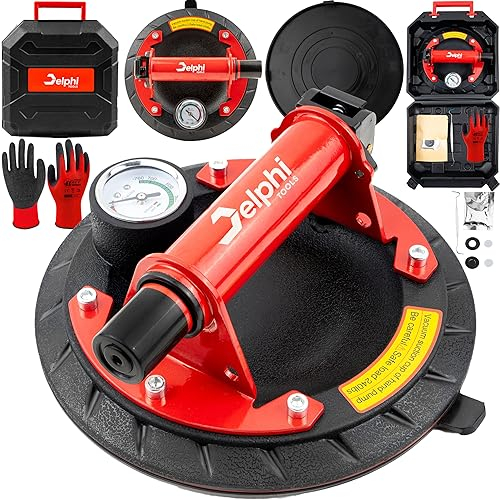 DELPHI Fliesen Saugnäpfe Saugheber 200mm mit Manometer Max. 120kg, Vakuum Saugheber Glassauger Sauggriffe Für Fliesen Sicheren Transport für Fliesen, Glas, Metall,Marmor - Set mit Koffer