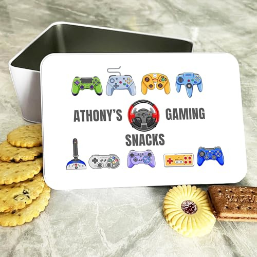 Colourful Gaming Snacks Controllers Personalised Rectangle Treat Tin Personalised Gift | Custom Gift | Personalized Tin | Cake, Biscuit & Treat Tins | Gift For Her | Gift For Him