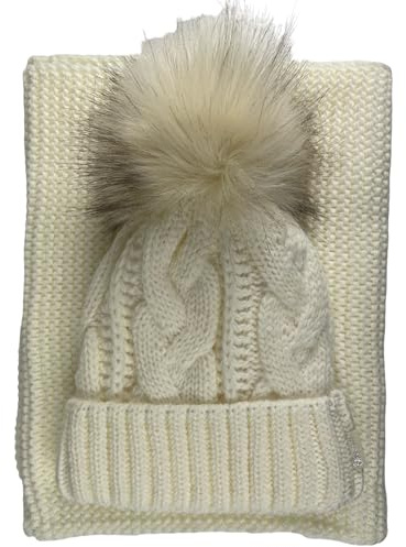 kennydoo Mütze & Schal Set achti I 2 teilig I Damen Kombi - Beanie mit großem Bommel und Loop I kuschelig gestrickt (wollweiß uni)