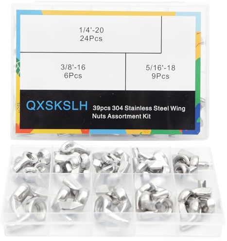 QXSKSLH 39 PCS Wing Nuts Assorted kit 1/4-20 5/16-18 3/8-16 304 Stainless Steel Wing Nut Fasteners,Butterfly Wingnut,Hand Twist Secure Fasteners SAE