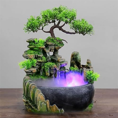 MEHOOSPVN Fuente de interior, fuente de mesa, cascada, LED chino Fengshui, fuente de poliresina para ocasiones dormitorio, salón, estudio, jardín, fuente de planta, 20 x 15 x 28 cm