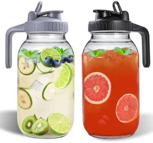 KFOSO 64oz Glass Pitchers with Lid and Spout, 2 Quart Mason Jar Pitchers, Wide Mouth Jar Leak-proof Water Jug for Water, Juice, Milk, Tea, Iced Coffee, and Drinks, 2 Packs.