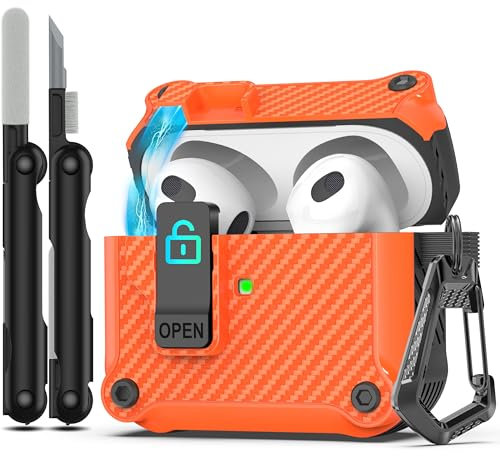 RFUNGUANGO Custodia compatibile con Airpods 3 con kit di pulizia, clip di chiusura sicura, antiurto per tutto il corpo compatibile con custodia AirPod 3 2021,Arancione in fibra di carbonio
