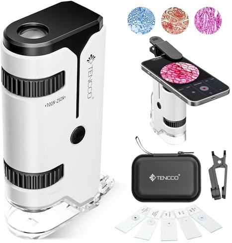 100x-250x Mini Microscopio Tascabile per Bambini Adulti, Adattatore Telefono, Portatile Miniscopio per Bambini Adulti Laboratorio Didattico, Bianco