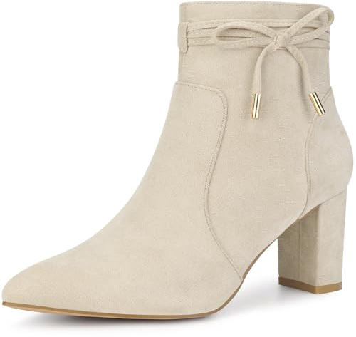 Perphy Pointed Toe Bow Block Heel Ankle Boots for Women Beige 7 UK/Label Size 9 US