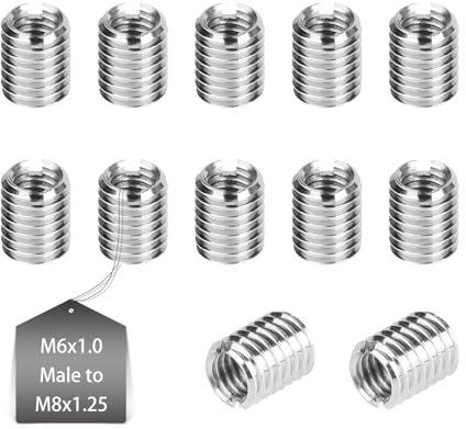 EXLECO 12 Pcs Insert Fileté Metal M8 à M6 10mm Insert Fileté Bois Réparation Insérer Écrou Inox Réducteur de Filetage Insert Conversion Outil Insert Écrou Intérieur M6 X 1,0mm & Extérieur M8 X 1,25mm