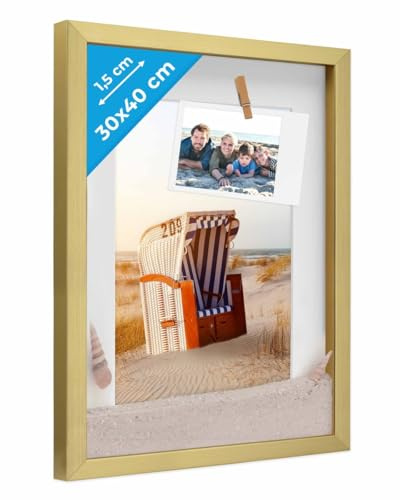 PHOTOLINI 3D Bilderrahmen zum Befüllen 30x40 Gold groß, 1,5 cm tiefer Objektrahmen mit Glas, tiefer Bilderrahmen 30x40 Holz MDF mit Passepartout, Dicker 3D Rahmen befüllbar für Gegenstände Geschenk