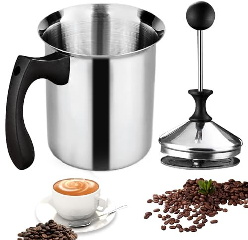 Montalatte Manuale, 800ml Schiumalatte in Acciaio Inox 11 * 11 * 20cm, Schiumalatte con Pompa a Mano per la Preparazione di Caffè Cappuccino Schiuma di Latte, Nero