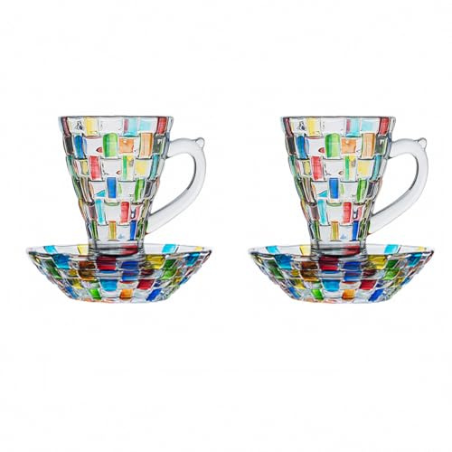 MAGCOLOR Hand Painted Coffee cup and saucer Glass set of 2 Drinking Glasses 5 OZ Colored Painted Latte Glasses for Espresso, Milk.Soda, Juice. Hot Tea, Cappuccino, Mocha, Cocoa.