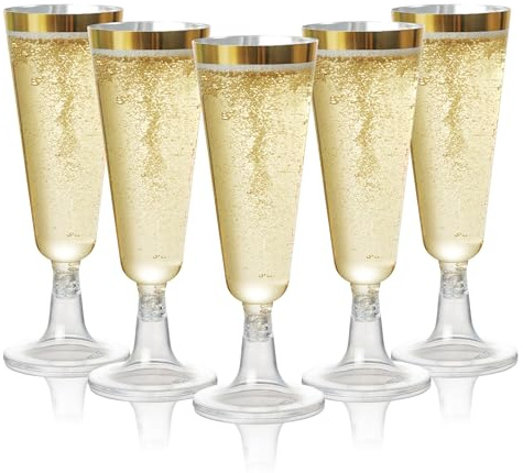 MATANA 96 Premium Sektgläser aus Kunststoff mit Goldrand, 150 ml - Plastik Champagnergläser Gold, Mehrweg Sektflöten, Cocktailgläser, Plastikbecher für Hochzeiten, Geburtstage, Partys