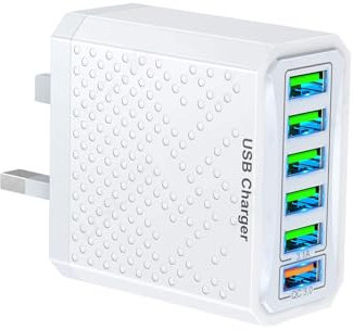 USB Plug Fast Charge, 6-Port Fast Multi Charger Plug UK Charging Power Adapter Multiple Quick Charge Wall Plug for iPhone 16/15/15 Pro/15 Pro Max, Samsung S21 S20 S10 S9 (White)