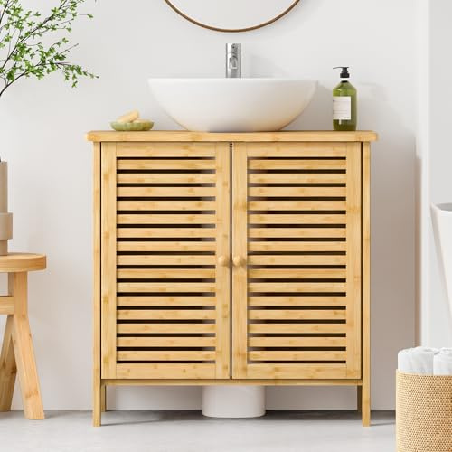 SogesPower Waschtischunterschrank aus Bambus, Waschbeckenunterschrank mit Türen und Ablagen, Unterschrank fürs Waschbecken, Badschrank, Badezimmermöbel für Badezimmer