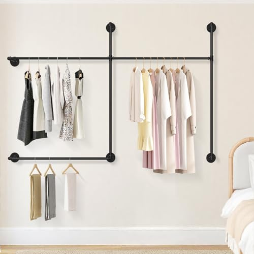 Gemsaya Industrial Pipe Clothing Rack, Heavy Duty Wall Mounted Clothes Rack for Hanging Clothes, Adjustable Pipe Garment Rack Rail, Multi-Purpose Clothing Garment Bar Rail with 3 Hanging Rod