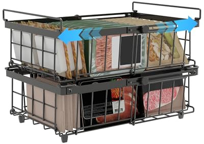 UMDONX 2 Pack Expandable Chest Freezer Baskets Organiser Storage Boxes | Durable Metal Load 25KG, Foldable Handle, Stackable Black Kitchen Pantry Shelf