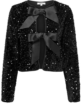 ONLY Onlanika Sequins Ls Bow Top WVN CS, Noir, M Femmes