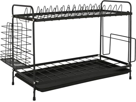 Harbour Housewares 2 Tier Dish Drainer Rack with Drip Tray & Cutlery Holder - Compact Space Saving Kitchen Drying Rack for Countertop & Sink - Black