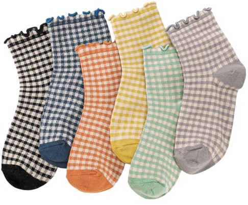 Zuimei 6 Pairs Frilly Socks Women, Ruffle Striped Socks Size 4-7, Cute Checkered Striped Ankle Sock, Cotton Knit Casual Crew Sock (Colorful)
