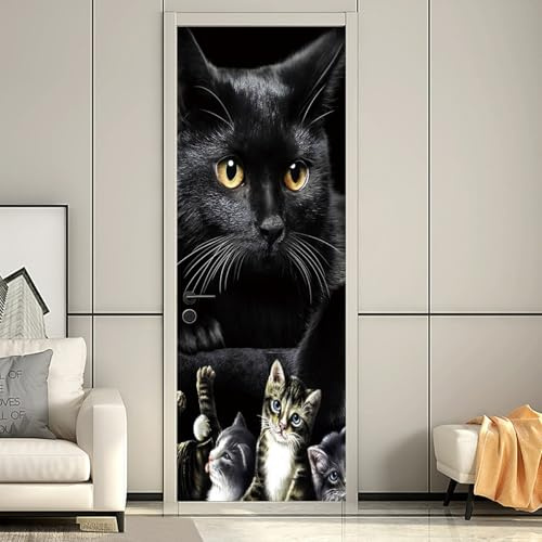 Türtapete Türposter Süße kleine schwarze Katze als Haustier Türfolie 77x200cm PVC Türaufkleber für Tür Wohnzimmer Kinderzimmer Küche Türaufkleber Bad Aufkleber Selbstklebend
