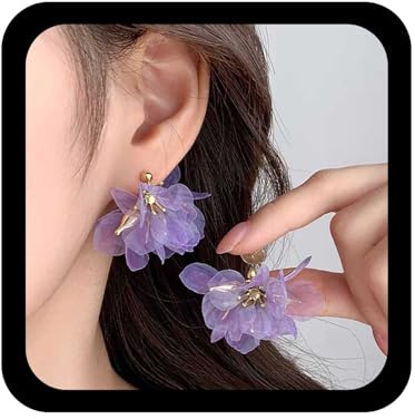 Cybche Orecchini a fiore in tessuto bohémien chiffon floreale orecchini pendenti fiore viola orecchino pizzo floreale orecchino petalo gioielli dichiarazione per le donne, Zinco, Nessuna pietra