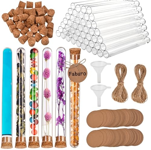 Faburo 65 Stück Reagenzglas mit Korken, Reagenzgläser Set mit 150x16mm (20mL) Reagenzglas Kunststoff, 65 Kraftpapieranhänger, 30m Hanfseil, 2 Trichter, Reagenzgläser für Blumen Liquids Bonbons Spices