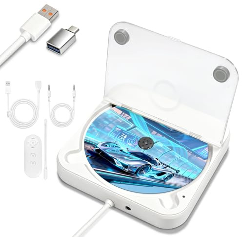 Lettore CD Esterno, Universale Lettore CD per Auto Portatile con Telecomando, Cavo di Estensione USB, Cavo AUX, Interfaccia di Conversione Type-C, Compatibile con Porta TV, Laptop, Computer, Bianco