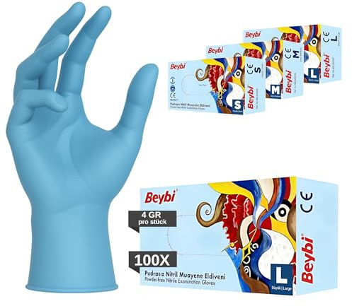 BEYBİ®️ Nitril 3.5 Einweghandschuhe 100 St/Box, Blau/Schwarz Nitrilhandschuhe S, puderfreie & latexfreie Einmalhandschuhe, Handschuhe in Gr. S, M, L (Blau, L)