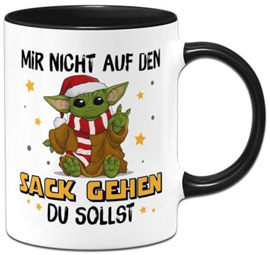 Weihnachtstasse - Tasse mit Spruch Mir nicht auf den Sack gehen du sollst - Baby Motiv - Geschenk für Männer, Frauen - Wichtelgeschenk Kollege, Kollegin - Kaffeetasse lustig (Schwarz)