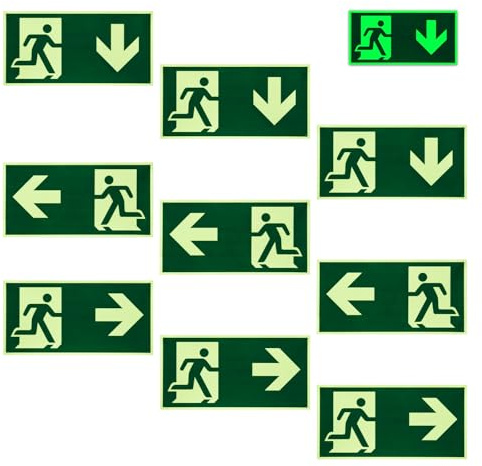 9 Stück Notausgangsschild Nachleuchtend, Selbstklebende Fluchtwegschilder, Notausgang Schild mit Richtung links, rechts, unten, Geeignet für Hotels, Schulen und Bürogebäude