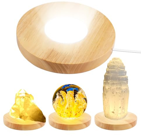 Wooden LED Light Display Base Stand 15CM, USB Round Light Display Base with 3 Light Modes, Crystal Display Base, Wood Base Light Round Light Base for Crystal Glass Resin Art Jewelry Acrylic (Wood)