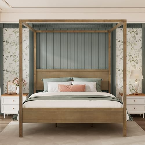 Merax King Size Solid Wood Canopy Bed Frame with Headboard & 4 Posters, Antique Oak Feature Farmhouse Style King Canopy Bed with Slats Support & Sturdy Legs, No Box Spring Needed