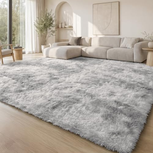 Homaxy Hochflor Tie Dye Klein Teppich Wohnzimmer 60 x 100 cm, Hellgrau | Rutschfest Waschbar Teppiche, Flauschig Modern Teppich fürs Kinderzimmer, Schlafzimmer