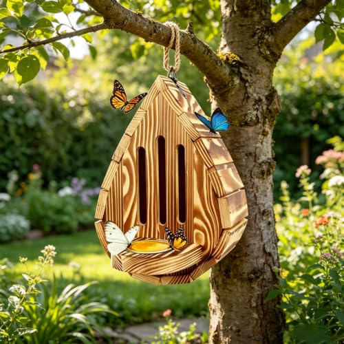 Schmetterlingshaus Für Den Garten, Hängendes Schmetterlingsfutterhaus Aus Holz, Tropfenförmiges Bienenhaus Mit Schmetterlingsfutterhaus, Wetterfestes Schmetterlingsfutterhau Bienens Nistkasten