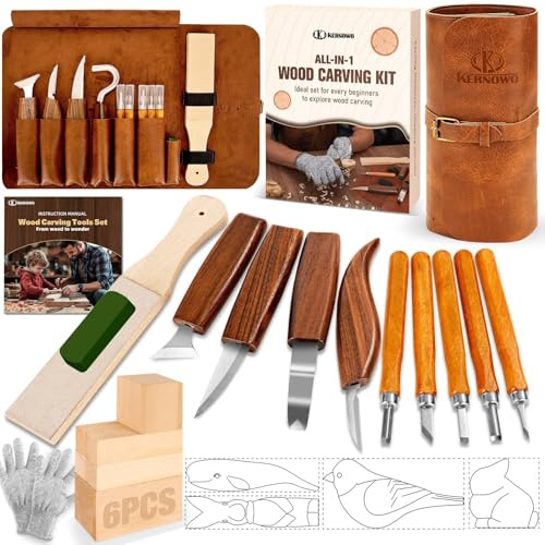 KERNOWO Woodworking PU Case Set, Wood Carving Kit with Deluxe PU Leather Case, Basswood Blocks for DIY Beginners and and Enthusiasts Gift Idea (N25pcs)