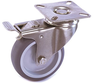 Edelstahlrolle 75 mm Gummi grau spurlos Anschraubplatte mit Bremse V2A INOX Transportrolle Apparaterolle aus Edelstahl Platte