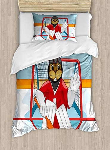 Ambesonne Hockey Duvet Cover Set, Cartoon Style Beaver Plays as a Goalkeeper Fun Activity Theme Animal Mascot Design, Decorative 2 Piece Bedding Set with 1 Pillow Sham, Twin Size, Multicolor