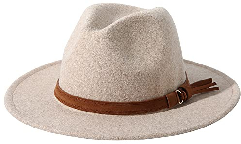 Lanzom Damen-Fedora-Hut aus Filz, breite Krempe, Wolle, Panamahüte mit Band, passend für Größe 39,5-40,5