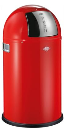 WESCO Pushboy junior Mülleimer in der Farbe rot, pulverbeschichtetes Stahlblech, 22 Liter Volumen, große Edelstahlklappe, herausnehmbarer Innenbehälter